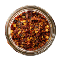 Top View of Red Chili Flakes Stored in Glass Container Isolated on Transparent Background png