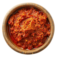 Top View of Spicy Red Chili Curry Paste in Clay Bowl on Transparent Background png