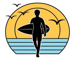 Silhouette of a surfer walking with surfboard towards ocean with birds and sunny sunset vector