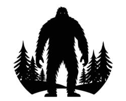 Silhouette of bigfoot standing in a forest landscape with coniferous trees and mysterious ambiance. vector