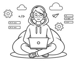 Young woman with glasses coding on a laptop wearing headphones in a beanbag cloud computing environment. vector