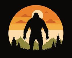 Silhouette illustration of a bigfoot creature standing in front of a beautiful sunset scene in the forest. vector