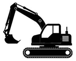 Black silhouette illustration of an excavator construction machine isolated on a white background for design. vector