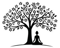 Meditating under a blossoming tree serene black silhouette illustration with white background vector