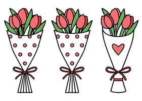 Cute illustrations of tulip flower bouquets wrapped with polka dots and heart decorations perfect for spring vector