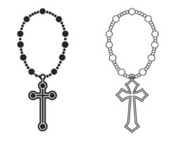 Black and white illustrations of two rosary necklaces with cross pendants on a white background vector
