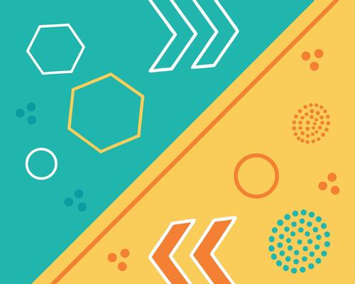 Abstract geometric background with shapes and arrows in vibrant teal and yellow colors.