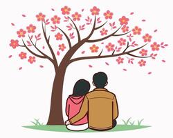 Romantic couple underneath a flowering cherry blossom tree in springtime enjoying each other's company vector