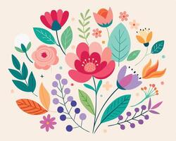 Colorful floral arrangement featuring diverse flowers and leaves on a soft cream colored background vector