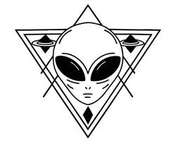 Black and white illustration of an alien head within geometric shapes and decorative details vector