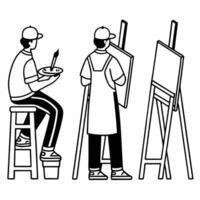 Artist painting on canvas at easel depicted in simple monochrome illustration vector