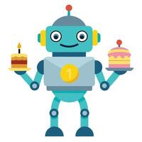 A cartoon robot holding a cake and a birthday card vector