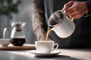 Pouring Hot Coffee Into a White Cup in a Cozy Cafe Setting in the Morning photo