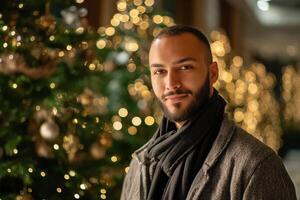 Man With Beard Smiles in Front of Beautifully Decorated Christmas Tree in Evening Lights photo
