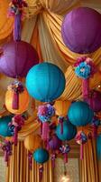Colorful Lanterns and Floral Decorations Adorn an Elegant Indoor Space for a Festive Celebration photo
