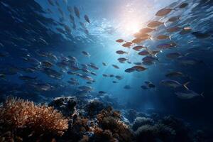 Underwater Scene With a School of Fish Swimming Among Vibrant Corals During Daylight photo