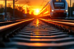 Sunset Over Train Tracks With a Train Approaching in the Distance During Evening Hours photo