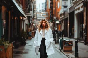 Woman Walking in a Narrow Urban Alley With Shops on a Cloudy Day in a Bustling City photo