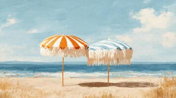 Colorful Beach Umbrellas by the Ocean Under a Blue Sky During a Sunny Day in Summer photo