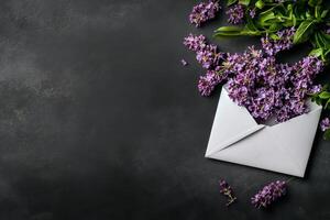 Lilac flowers in white envelope photo