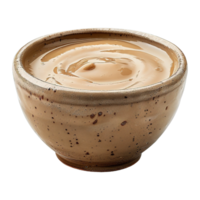Close-Up of Creamy Tahini in Handmade Earthenware Bowl Isolated on Transparent Background png