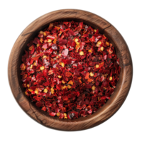 Spicy Crushed Red Pepper Flakes in Decorative Wooden Bowl on Transparent Background png