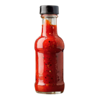 Hot Chili Pepper Sauces in Clear Glass Bottle with Black Cap Isolated on Transparent Background png