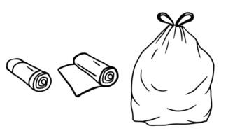 rolled trash bags and a full tied garbage bag, ideal for waste management icons, cleaning service logos, eco guides, or educational materials. vector