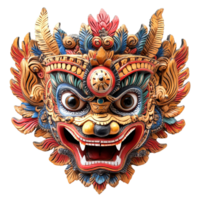 Handcrafted Wooden Barong Mask with Expressive Face and Detailed Ornamental Design on Transparent Background png