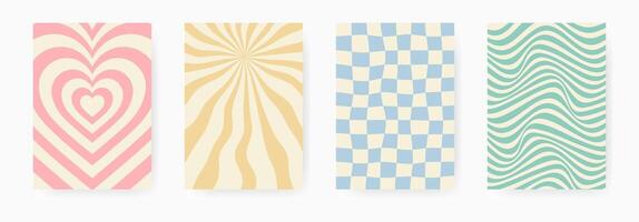 Set of four abstract retro backgrounds with wavy lines, hearts, checkered and radial patterns in pastel colors vector