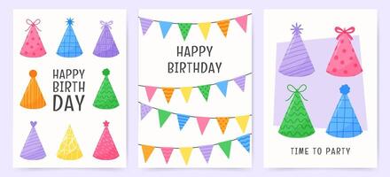 Happy Birthday celebration greeting cards with party hats, bunting flags and festive hand drawn lettering on white background vector