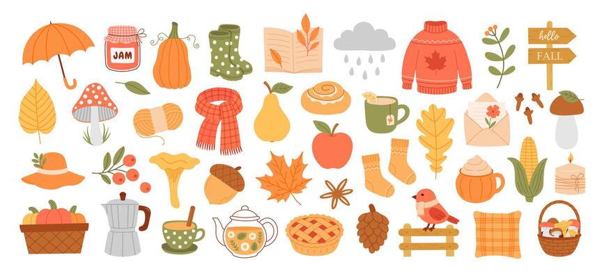 Cute fall elements set with autumn food, clothes, leaves, mushrooms, drinks and cozy seasonal items in flat hand drawn style