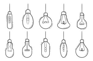 Set of different types of bulb doodles, filament bulb doodles vector