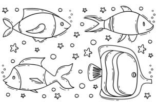 Different variety of fish doodles swimming in waters and with bubbles and stars vector