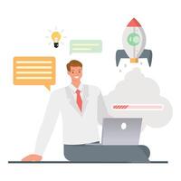 Business work in progress illustration concept. Office man character design. Business people working in office planning, thinking and economic analysis on isolated white background. vector