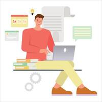 Business working concept. Office man working with idea for planning, thinking and economic analysis character design. vector