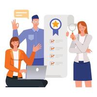 Quality illustration concept. Business people working in office. Businesswoman holding magnifying glass and checking the quality of work character design. vector