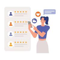 Customer review illustration concept. Woman using mobile phone for review the service. Business people character design. vector