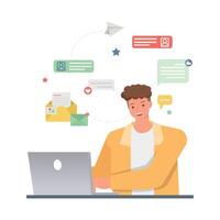 Business people working with laptop for planning, thinking and economic analysis on isolated white background. Office man character design. vector