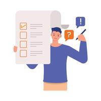 Survey illustration concept. Office man holding pencil and survey form character design. vector