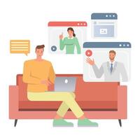 Business remote work illustration concept. Office man and woman character design. Business people working in home planning, thinking and economic analysis on isolated white background. vector