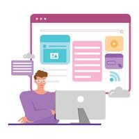 Office man working on computer to create website. Business people character design. vector