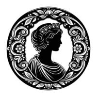 A silhouette of a regal woman with a tiara, draped in a flowing scarf, vector