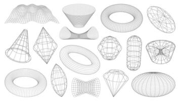 3D wireframe shapes, brutal tech grids mesh vector