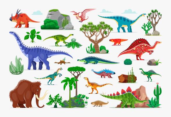 Prehistoric dinosaur characters and plants set