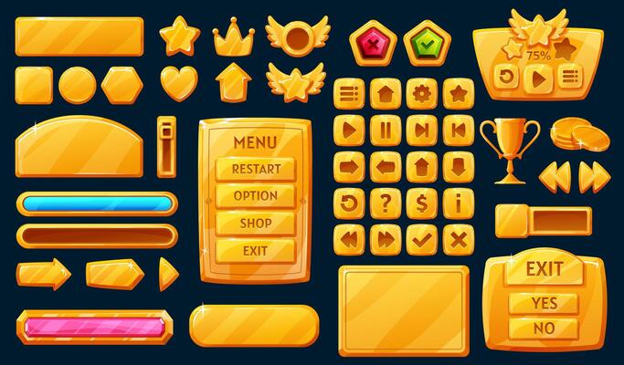 Golden interface game buttons, gui elements