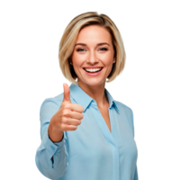 Smiling woman wearing blue blouse showing thumb up and smiling cut out png