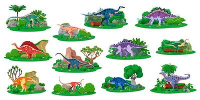 Colorful dinosaurs in lush landscapes vector