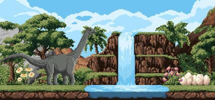 Dinosaur near waterfall in pixel art vector