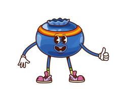 Cartoon groovy blueberry berry character, thumb up vector